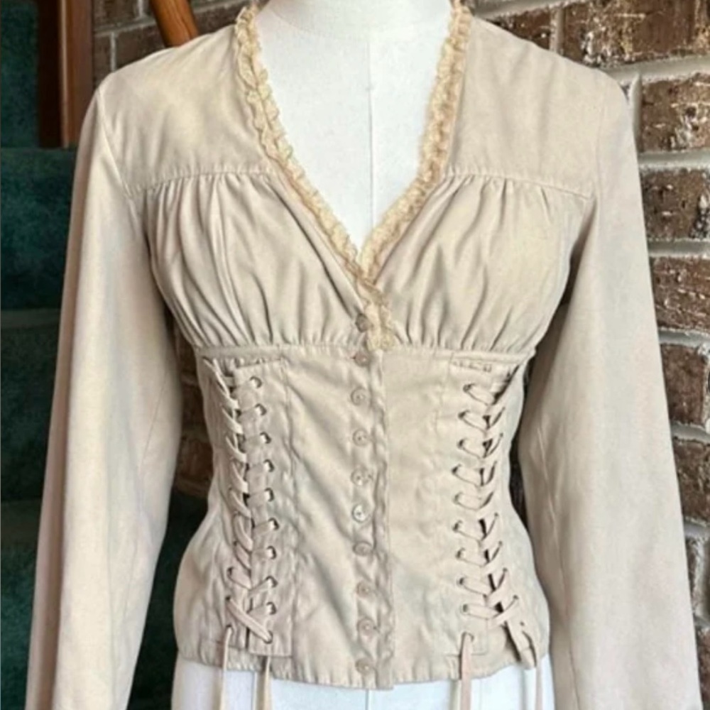 MODA INTERNATIONAL Y2K Tan Faux Suede Lace Up Corset Long sleeve festival Castle